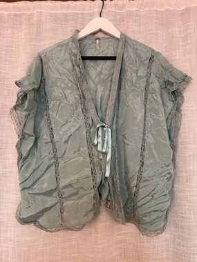 Free People Mint Green Lace-Trim Tie-Front Blouse